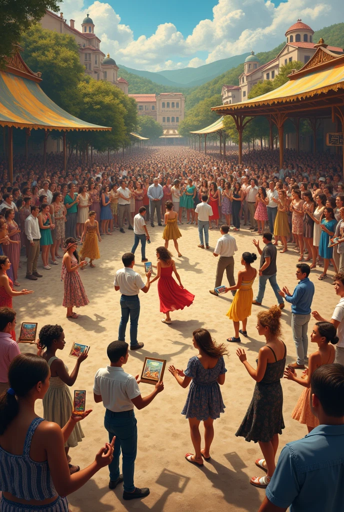 In a round, people acting, dancing, singing and painting