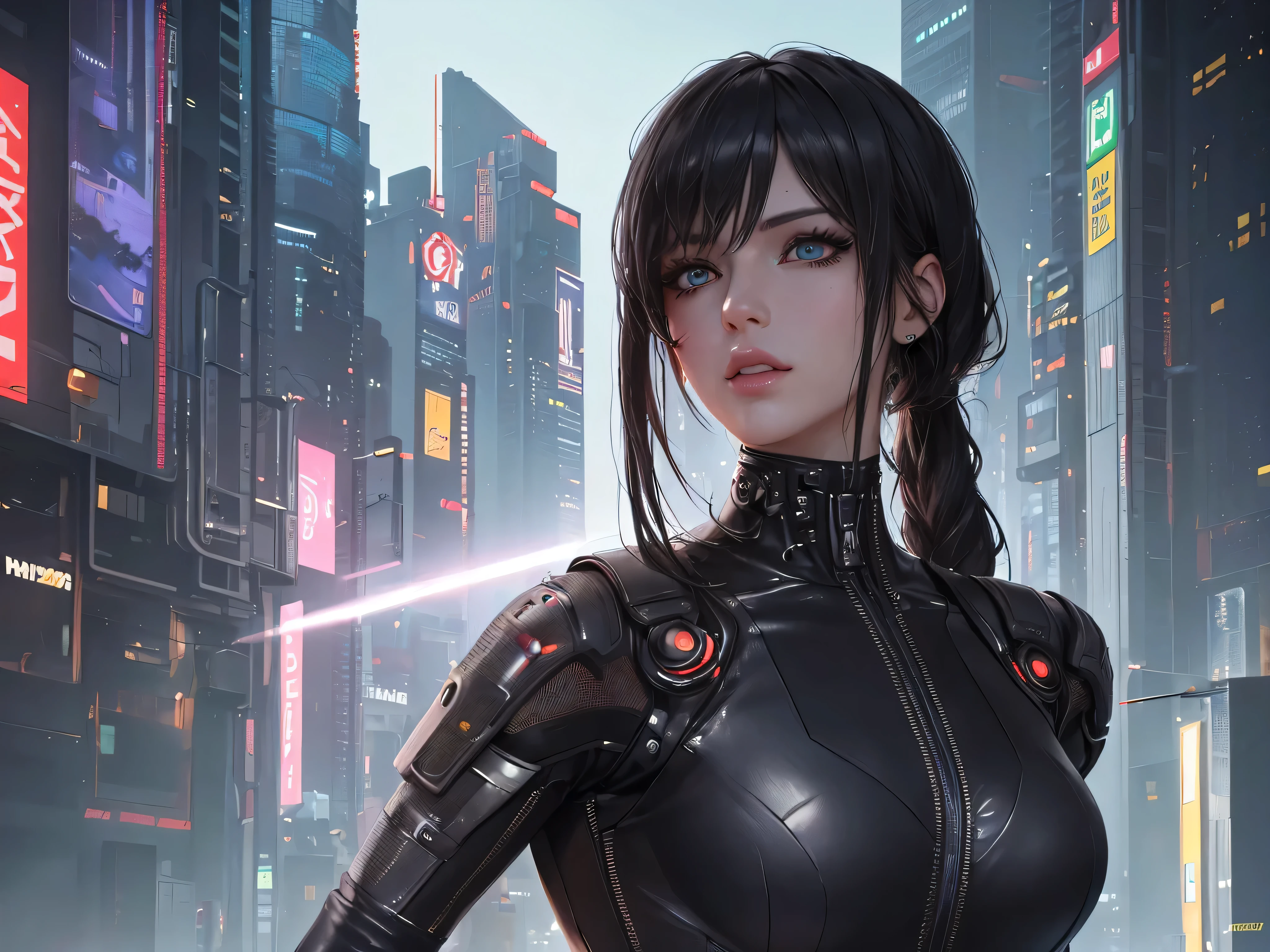 (masterpiece), (Best Quality), (Very detailed), (1 person), (cyberpunk), future city background, detailed eyes, detailed nose, detailed lips, perfect face, perfect body, revealing clothing, (((whole body))), placed on the left