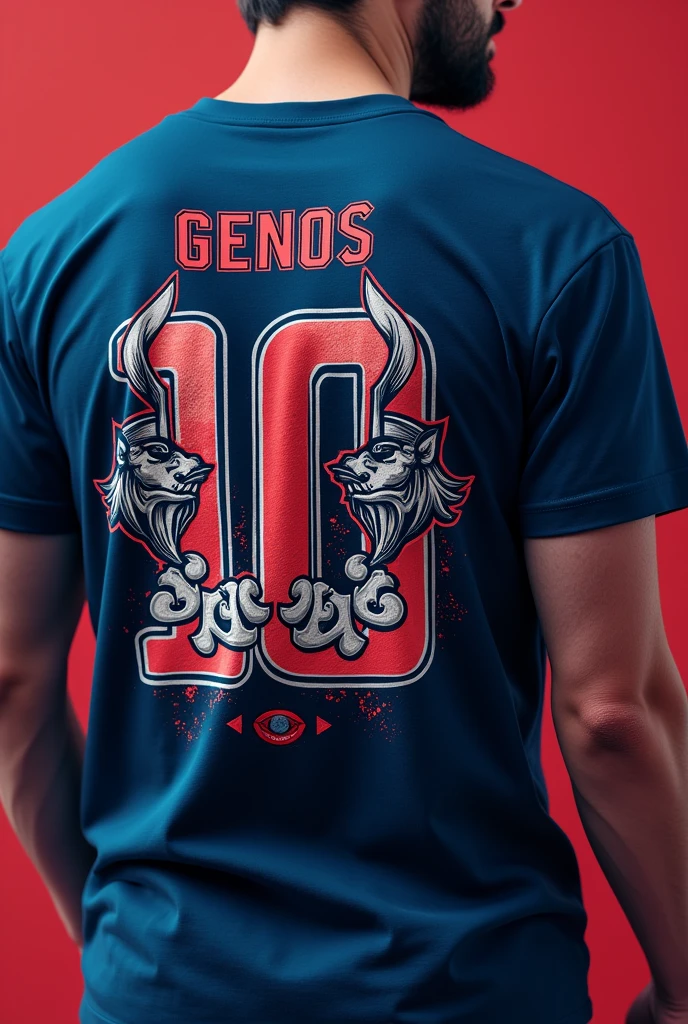 Make a logo with the colors of Sucia and the Vikings that is on the front of a t-shirt and that says Genos and that has the number 10 on the back and that above the number it says Iojan on the back