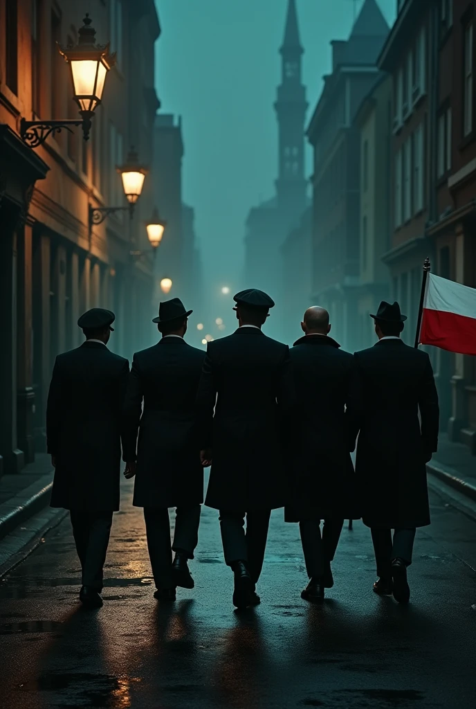 create a picture of six men of different heights walking backwards through the city, it is dark, only a street lamp lights them, they are dressed in peaky blinder style,the youngest of them carries the Polish flag up,one of the men looks older