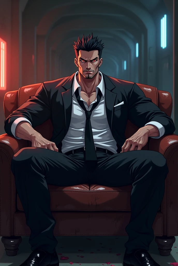 Anime man with red eyes muscular build and gangster sitting on couch