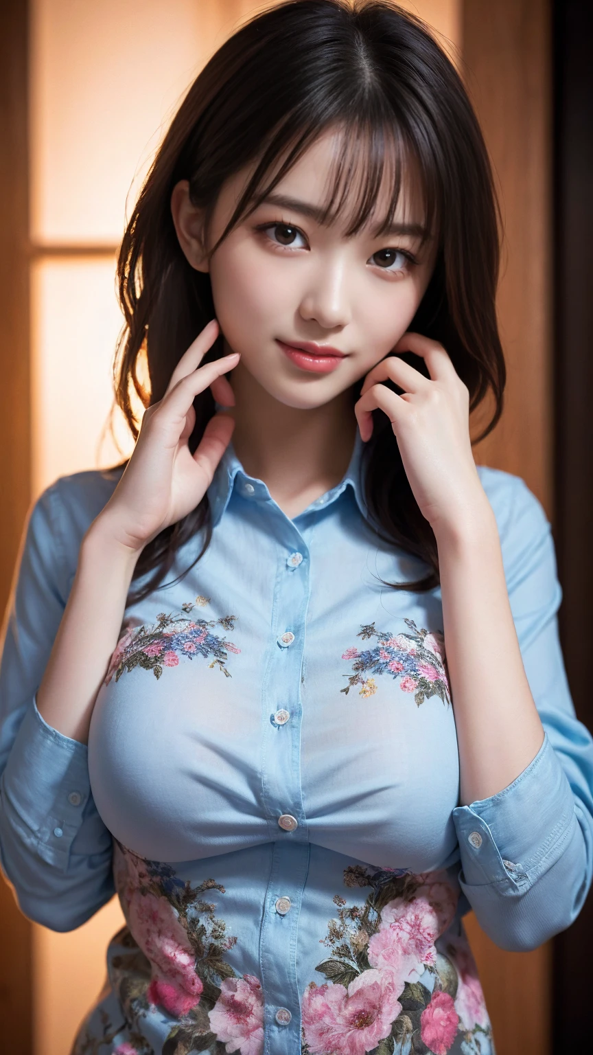 8k,Highest quality,(masterpiece:1.2),(Realistic),(Realistic:1.37),Ultra-high resolution,One Woman,smile,((Big Breasts)),Beautiful Eyes,(((colorful shirt))),Perfect body,Perfect Fingers,Professional Lighting,gravure,Detailed face and skin texture,fine grain,RAW Photos