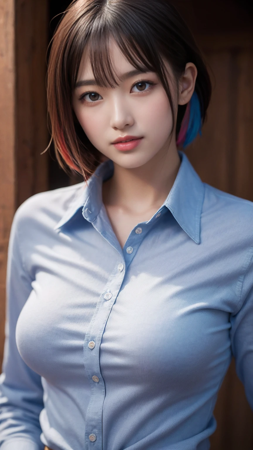 8k,Highest quality,(masterpiece:1.2),(Realistic),(Realistic:1.37),Ultra-high resolution,One Woman,smile,((Big Breasts)),Beautiful Eyes,(((colorful shirt))),Perfect body,Perfect Fingers,Professional Lighting,gravure,Detailed face and skin texture,fine grain,RAW Photos