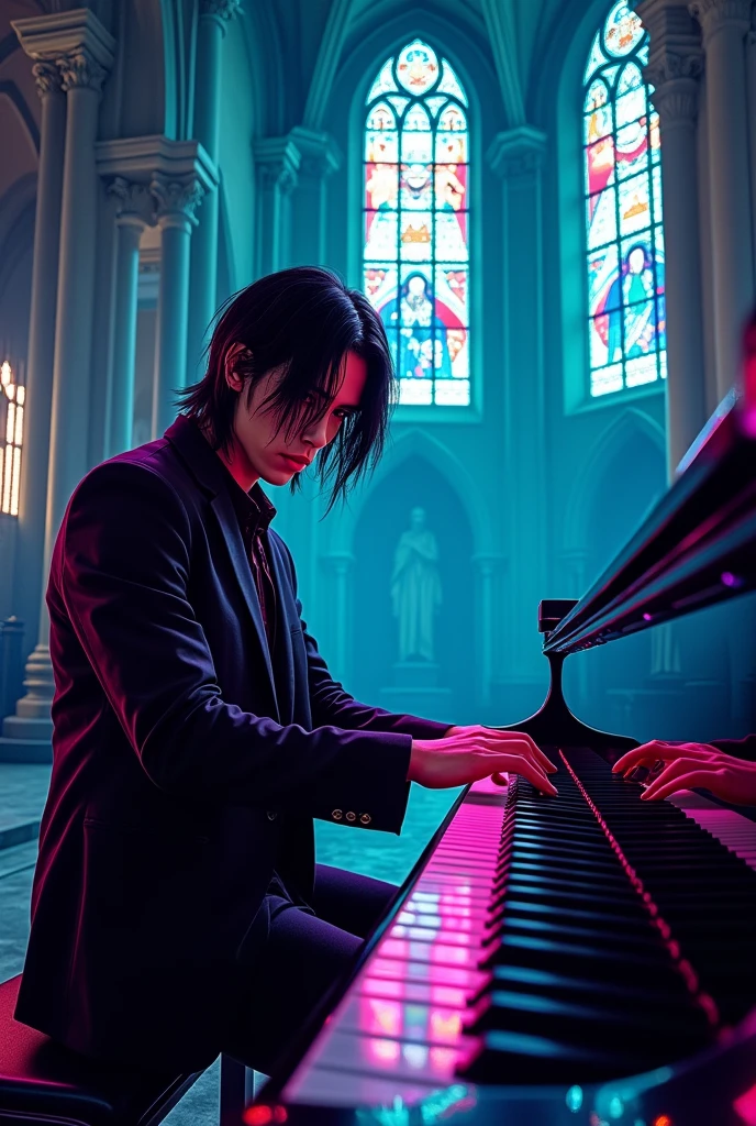 Dark-haired man with straight black hair playing piano in church. 8k, neon, colors, Comic books,