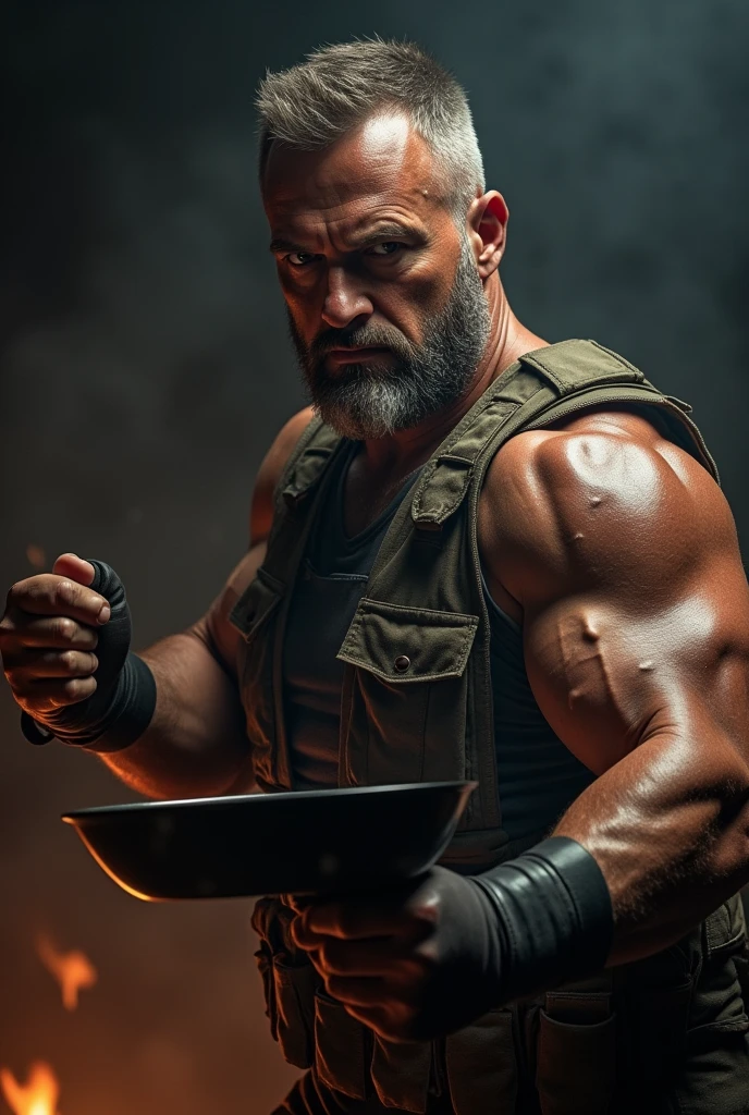 A rugged man holding a frying pan like a PUBG character, dramatic lighting, intense expression, cinematic perspective, high contrast, sharp details, action stance --ar 1:1 --s 150 --no text