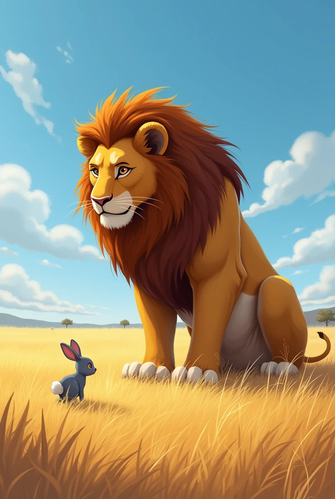 The Small Rabbit Walking Toward the Lion: Illustrate the small, innocent-looking rabbit walking slowly toward the lion, who is waiting impatiently with a scowl.