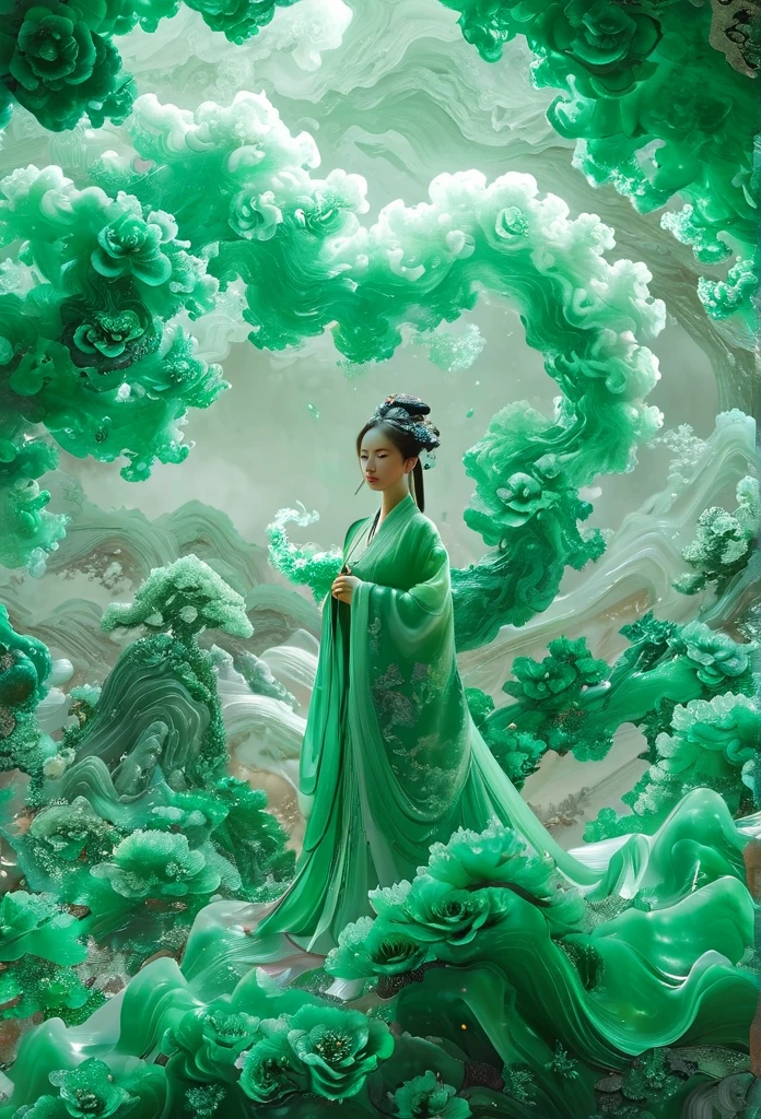 Jade Fractal,luminescent,1 Girl,。(Best quality,4K,8K,A high resolution,Masterpiece:1.2), (Realistic,Photorealistic,photo-realistic:1.37).,Shiny,Exquisite,Monster,Unreal Engine 5,Texture,A three-dimensional character wearinghanfu,minimalism and abstract illustration, chinese ink painting style, chinese xuan paper texture, light penetrate the air, Fractals effect, Phosphore scence effect