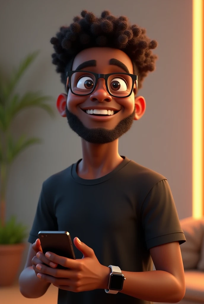 Generate for me a young black man with dark skin, short curly hair, square glasses, a black shirt, a cell phone in his hand and a smartwatch on his arm, looking happily forward, looking centered, Disney Pixar style, 3D, 4K, no beard
