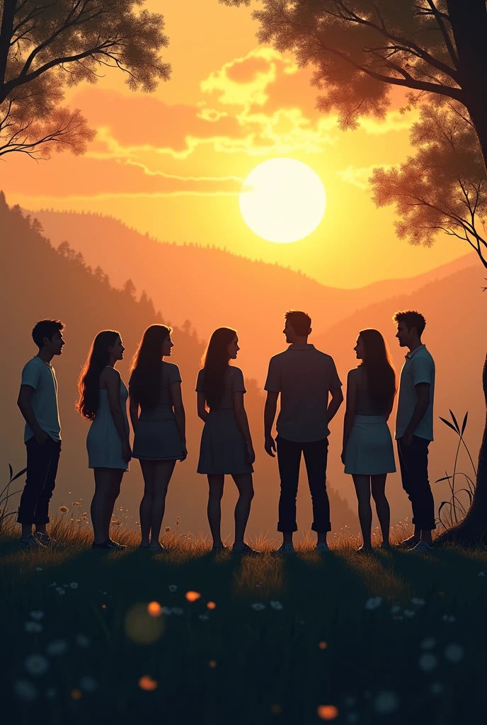 A group of 8 friends enjoying together in the midst of a valley. They all look like shadowy figures from a distance
Sun is setting in th background
The friends are havinv good time
The picture should be in horizontal ratio
