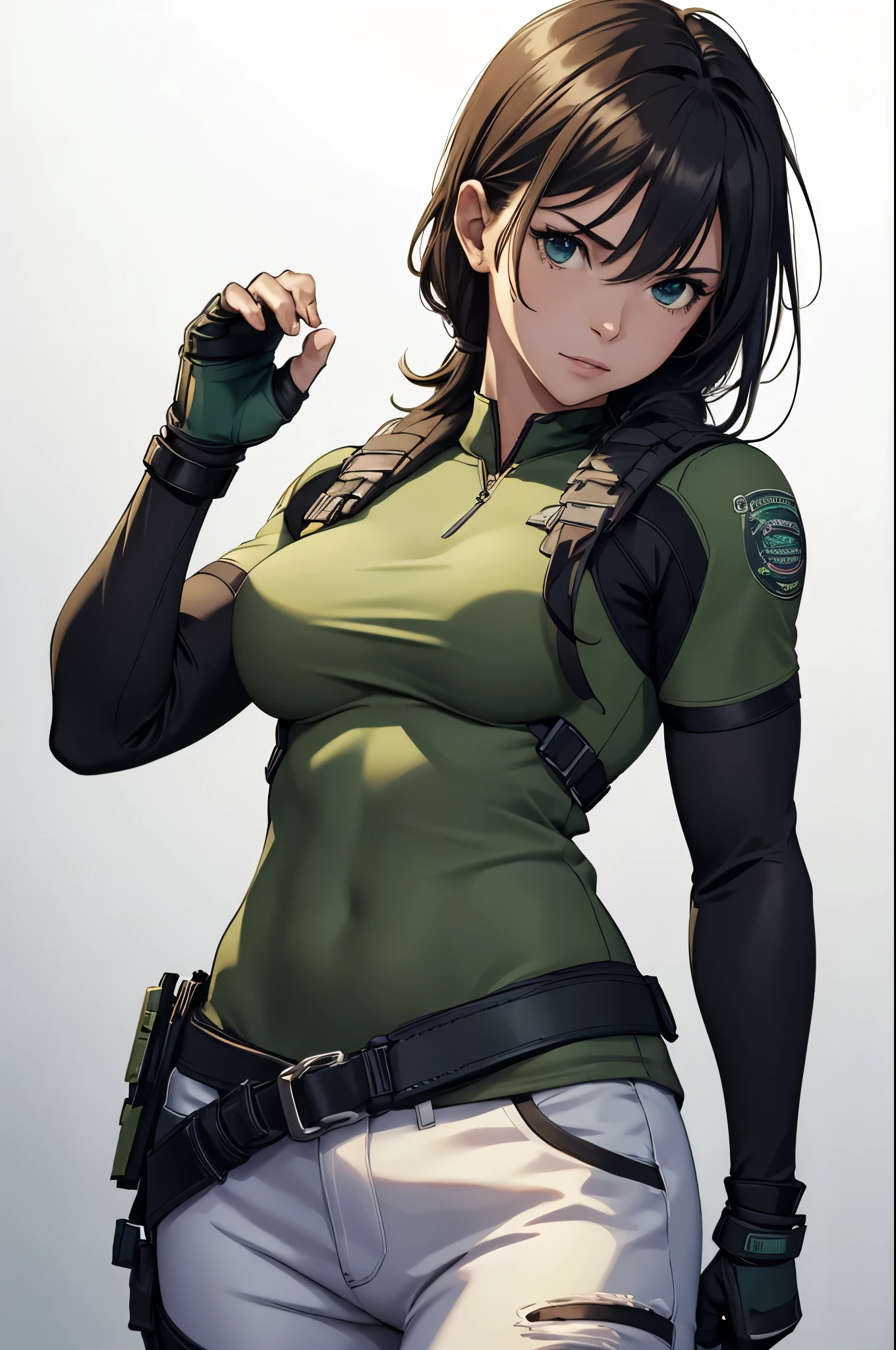 masterpiece, best quality:1.2), expressive eyes, perfect face, highres, 1 girl, solo, (female:1.5), chris redfield, green taut shirt, white pants, fingerless gloves, belt, hands to hip, standing, portrait, looking at the viewer,