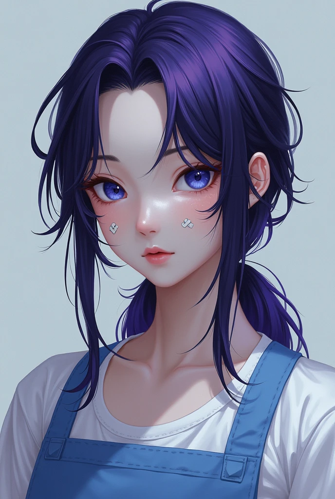 Generate in the rangrarii art style an attractive purple-haired man (mullet cut) with two long black locks, blue eyes, several freckles on her face, White skin, two bandages on his cheeks, a white shirt with a white shirt and a sky blue apron