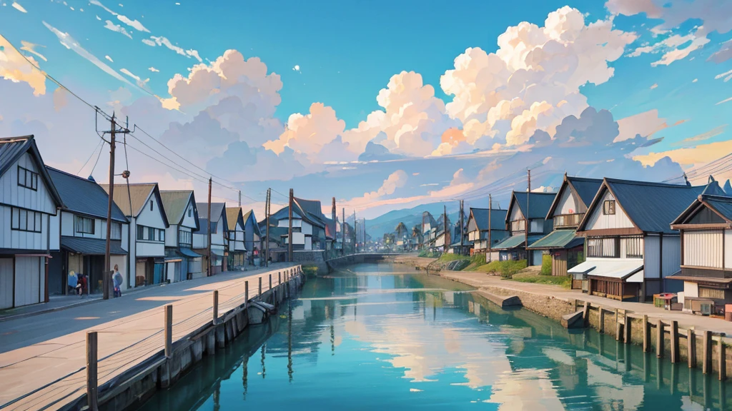 Japanese fishing town landscape, clouds, shops, carteleria, tranquillity, cats, Mar, wind, girl in casual clothes looking at the horizon