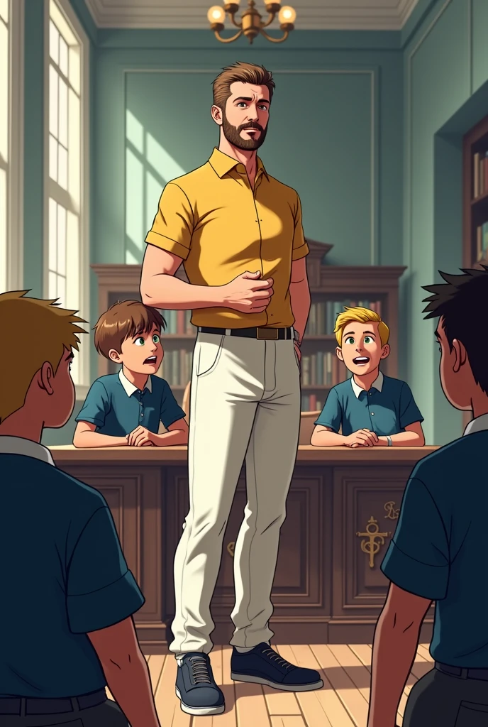 In the illustrated scene, the setting is a richly detailed office, with dark wooden furniture and tall shelves lined with books. The room is decorated with traditional Catholic symbols, giving it a solemn and historical feel. The floor is polished wood, reflecting the warm light coming from an ornate chandelier hanging above.
At the center of the image, the young, white European Professor Petterson stands, dressed in his signature yellow polo shirt, white trousers, brown belt, and blue sneakers. His black hair, short and styled in a military cut, is slightly disheveled as he looks down at the two students, a mixture of worry and embarrassment on his face. His well-groomed goatee and the slight dark circles under his eyes add to the seriousness of his expression.
On the floor in front of Petterson, the two students, Kauan and Arthur, have just tumbled through the door. Kauan, the 1 blonde with bright green eyes, is sprawled awkwardly, one arm supporting himself as he tries to get up. His classic dark blue uniform with yellow-trimmed edges is slightly rumpled from the fall. Beside him, Arthur, with his spiky black hair and dark brown eyes, is also in a similarly disheveled state, his uniform mirroring Kauan's. Both boys are in mid-motion, their expressions a mix of shock and embarrassment.
Standing near the large desk, Pope Pio XIII is captured in a moment of genuine laughter. His figure, robed in white with a golden stole, contrasts with the dark, formal setting. His face is lit up with amusement, eyes twinkling as he watches the two boys scramble on the floor. The laughter lines on his face are clearly defined, emphasizing his warmth and humor.
The overall composition of the illustration draws the viewer's eye from the students on the floor, up to Petterson's concerned and embarrassed expression, and finally to the Pope's hearty laughter, creating a dynamic and engaging visual narrative. The richness of the setting, combined with the character expressi