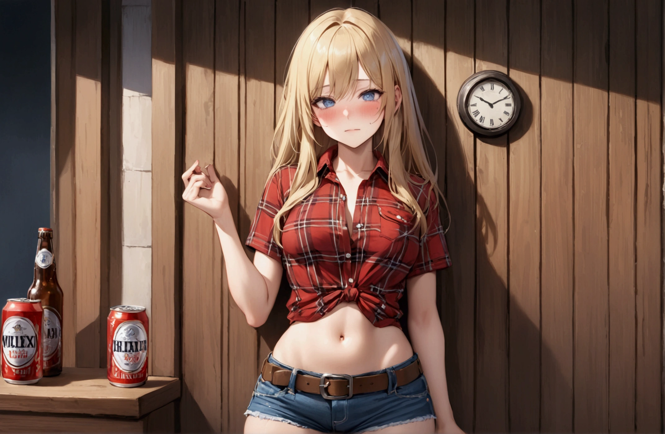 Woman with long blonde hair, blue eyes, Athletic build, Red plaid tight short sleeve collared cowgirl shirt, clock, Navel exposed, Denim hot pants, Brown belt with oval buckle,Blushed face, Drunk,Embarrassing,In front of a wooden wall,can of beer,Front view,Cowboy Shot,16K, Highest quality, masterpiece, Realistic, detailed