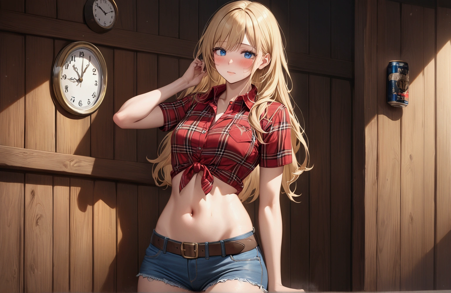 Woman with long blonde hair, blue eyes, Athletic build, Red plaid tight short sleeve collared cowgirl shirt, clock, Navel exposed, Denim hot pants, Brown belt with oval buckle,Blushed face, Drunk,Embarrassing,In front of a wooden wall,can of beer,Front view,Cowboy Shot,16K, Highest quality, masterpiece, Realistic, detailed