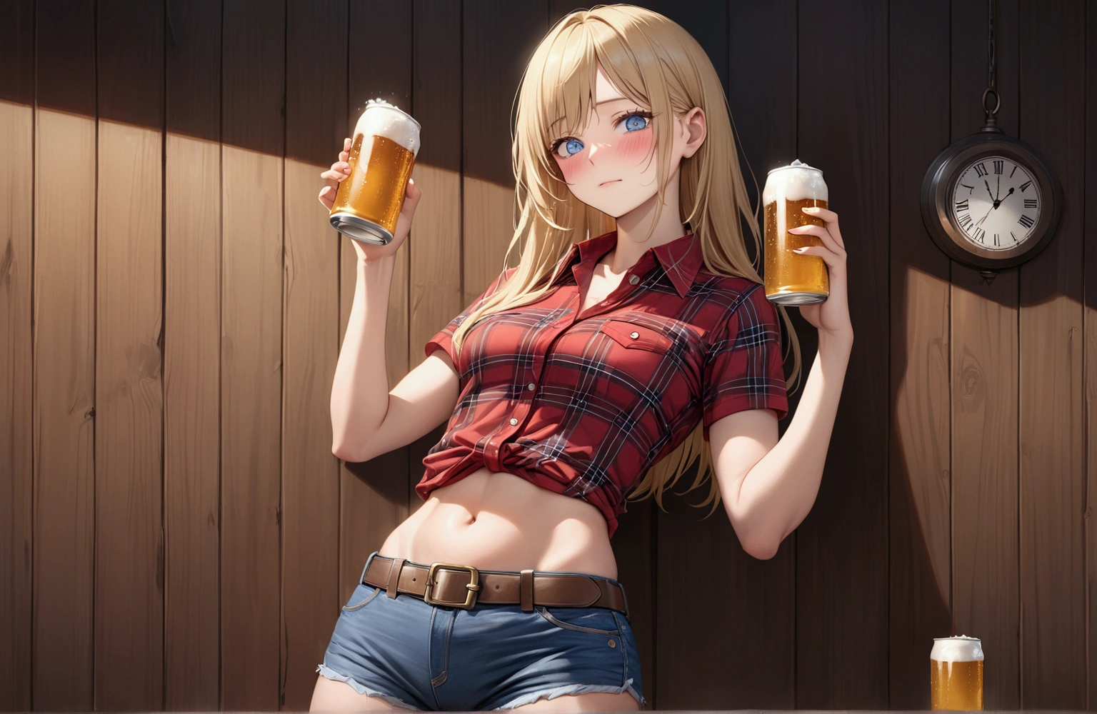 Woman with long blonde hair, blue eyes, Athletic build, Red plaid tight short sleeve collared cowgirl shirt, clock, Navel exposed, Denim hot pants, Brown belt with oval buckle,Blushed face, Drunk,Embarrassing,In front of a wooden wall,can of beer,Front view,Cowboy Shot,16K, Highest quality, masterpiece, Realistic, detailed