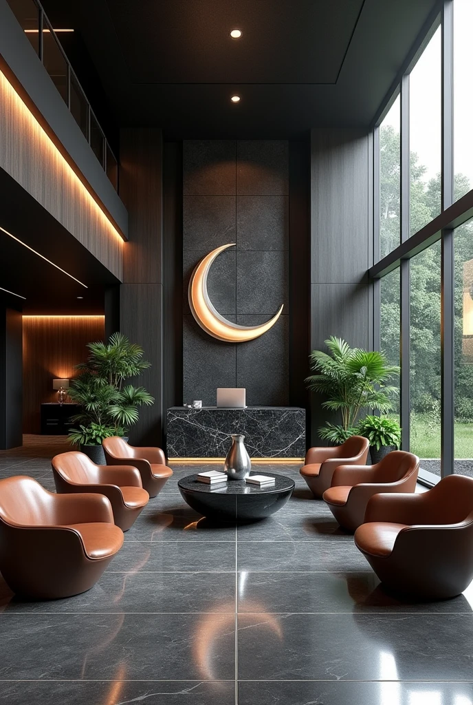 Professional 3d architecture rendering design of modern   And high tech for boticque  hotel’s Labi with  dark slab  stone  and 8 dark brown leather Chairs similar crescent moon  that separate with modern green space and medium  flouting  dark gray marble  station and  2 laptops and coffee table elegant and modern  glassy and silver accessories and  modern windows and  private space for baggage  in the Labi and black slab stone middle table and elegant accessories and modern ceiling lighting and beautiful green space and private space for baggage with silver wall and silver reception and big  silver sculpture of crescent moon  that cover with waterfall in the corner of Labi and modern green space between the chairs 