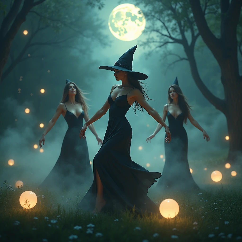 Enchanting witches dancing gracefully amidst swirling mists and glowing ethereal orbs in a moonlit clearing. (perfect face:1.6), (perfect realistic skin texture:1.5), (perfect eyes:1.5), photorealism, (sfw huge breasts:1.6)