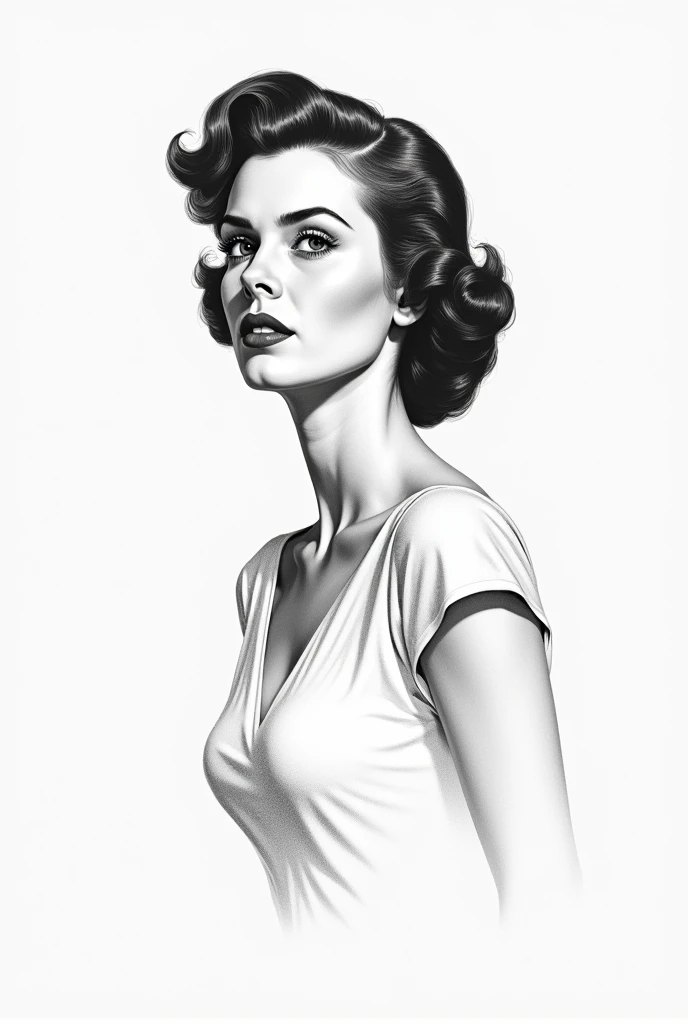 A black and white pencil drawing of a 1950s woman on a white sheet of paper