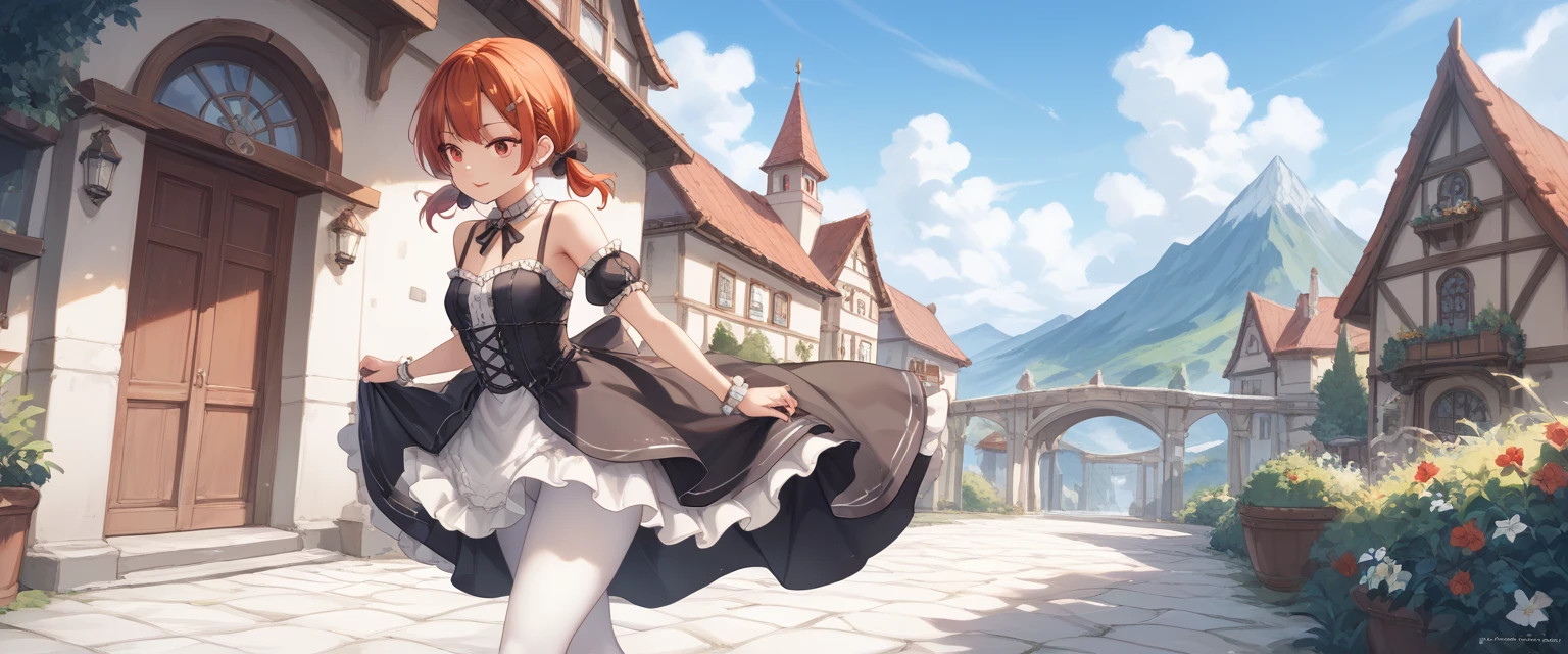 (high resolution、detailed1.5).(Short pigtails,Black Ribbon、Redhead.Red eyes.、Gothic Dress、White tights 1.5)、(He is walking around feeling good.)Mountain villages、(Fantasy World 1.8)