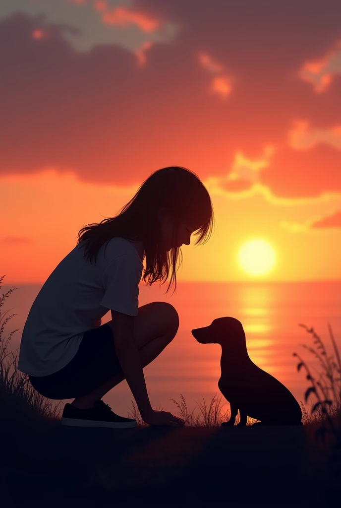 Generates the silhouette of a teenage girl and her dachshund watching a sunset She pets the dog