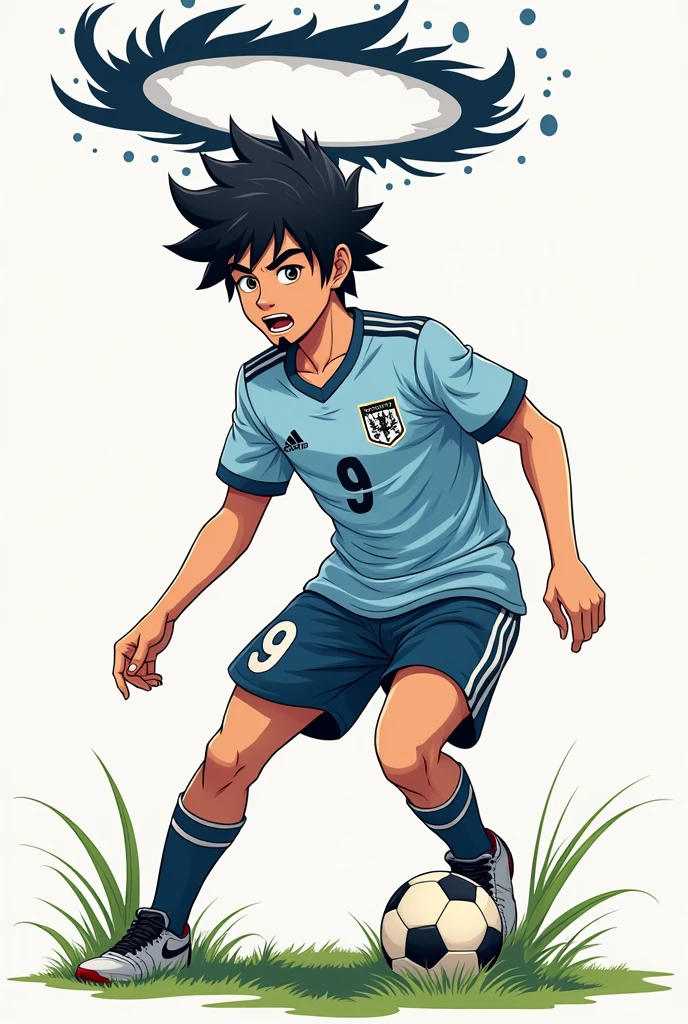 Create a football player with black wavy hair, wears a goatee and has the number 9 on his shirt, on the shirt it says ICE and he has a black halo, he has in an attacking action position, make it in anime format