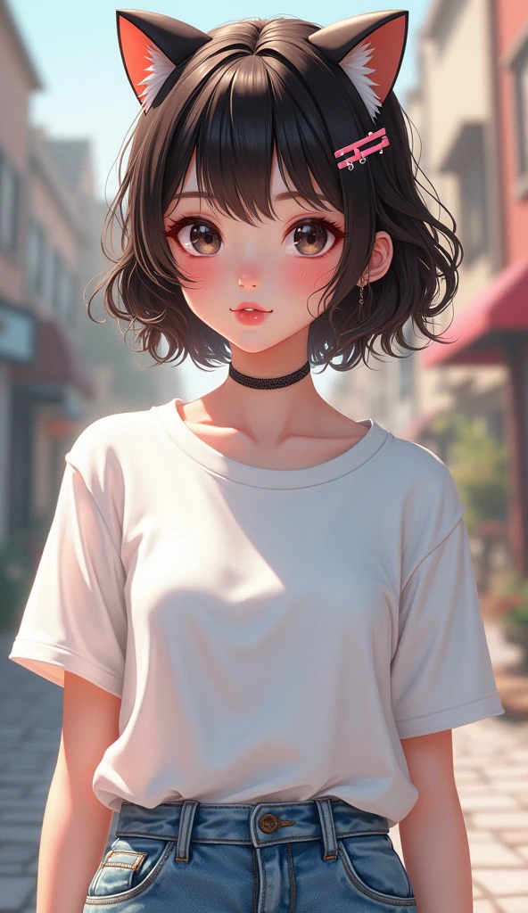 A highest resolution art work with sharp image details Honest Beautiful girl with a really lovely round face and fashionable style with cat ear hairpin accessories and short jeans white T-shirt photography, a detailed picture of Lü Ji, cgsociety, digital art, fashion style a realistic beautiful girl at pixiv, artistic style cosplay CG honok of King lol reality, realistic art style panoramic depth of field highest resolution aperture sharp image details