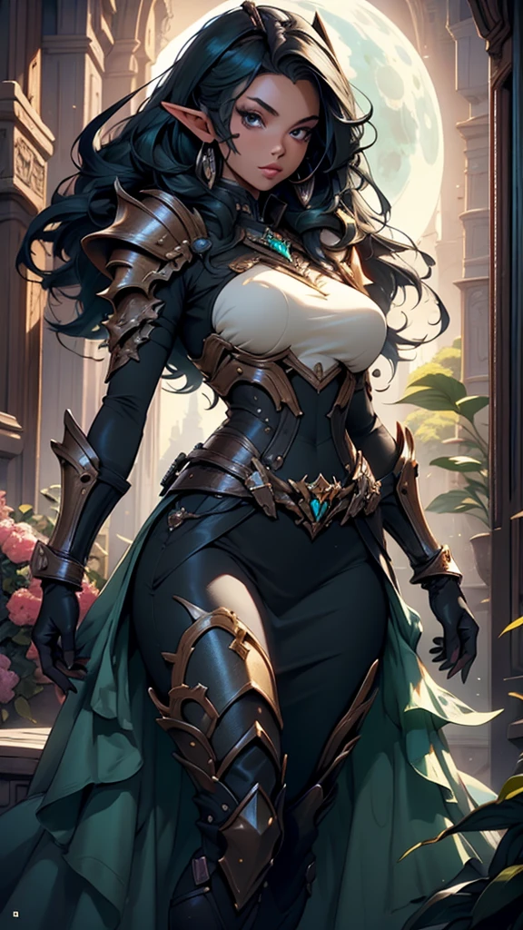 an elf with black skin and armor, a screenshot of Hazel Armor, afrofuturism, beautiful dark elf countess, beautiful paladin, of a beautiful female warframe, beautiful anime goddess with long green hair, big breasts, wearing a short dress, key anime visual, moon, intricate, hips, highly detailed, wide hips, breathtaking beauty, vibrant and sharp focus, illustration,Alta resolução, 