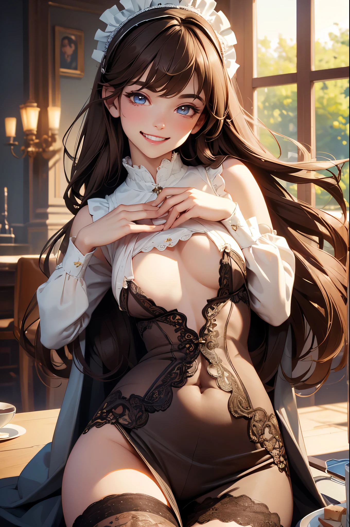 ((Top quality)), ((masterpiece)), (details),
High resolution, super detailed, very detailed CG Unity 8k wallpaper, real, photorealistic,
Beautiful fine face, detailed face.
Pale skin, realistic shining skin.
Detailed fabric texture, detailed hair texture.
(Eyes with attention to beautiful details: 1.5),
(Small hand), ((perfect hand)).
Slim legs, detailed legs.
((Perfect Anatomy)).
Perfect lighting.
Break
A girl,age18,
(Brown Hair :1.3),
Middle Hair, Straight Hair,
((Big smile:1.4)),one eyes closed,
(Slender: 1.1), (most big chest: 1.8),
(Most Big : 1.1),
(Lying Down Fluffy thighs: 1.1),
Break
french maid,
ruffled maid headdress,
garter belt, pantockings,
ruffled petticoat,
Break
Full Body Shot,
Standing pose,
Lift the tray with some sweets with one hand,
At caffe bar,