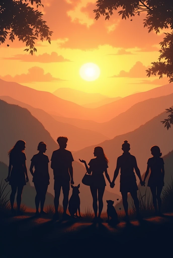 A group of 8 friends enjoying together in the midst of a valley. They all look like shadowy figures from a distance
Sun is setting in th background
The friends are havinv good time
The picture should be in horizontal ratio