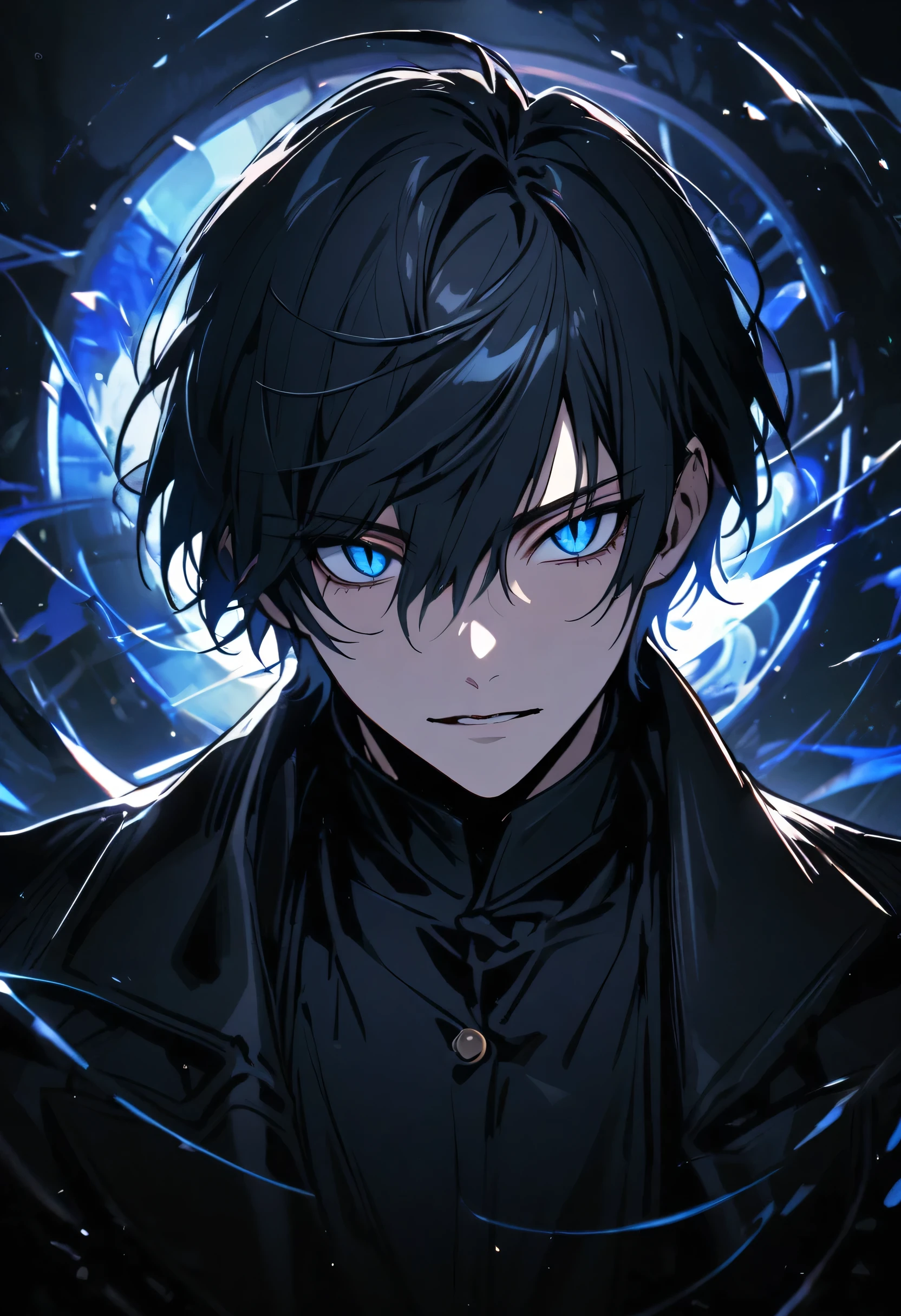 solo, handsome, 1 man, black coat, short hair, blue eyes, slit pupils, egocentric 