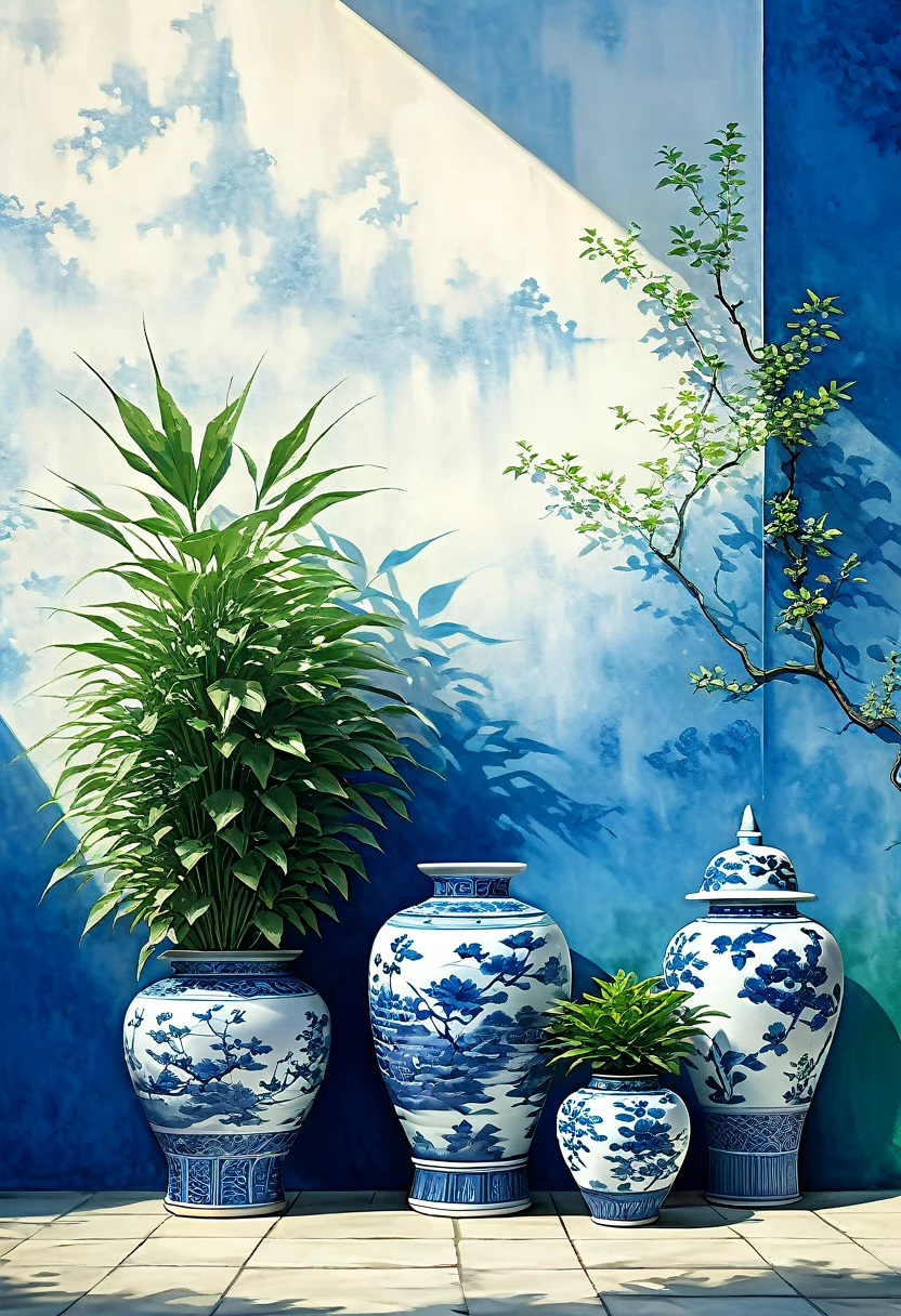 In front of the sunny wall in the fresh morning, there are three textured blue and white porcelains of different heights and shapes. (master art work)There is a green plant on it. Jianfu style art style high resolution image. Surreal texture high resolution., Digital painting, Delicate