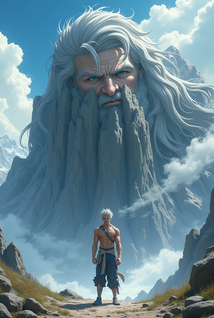 Anime man, White haired man, lifting a mountain, silver haired man, lifting a mountain, young man, 