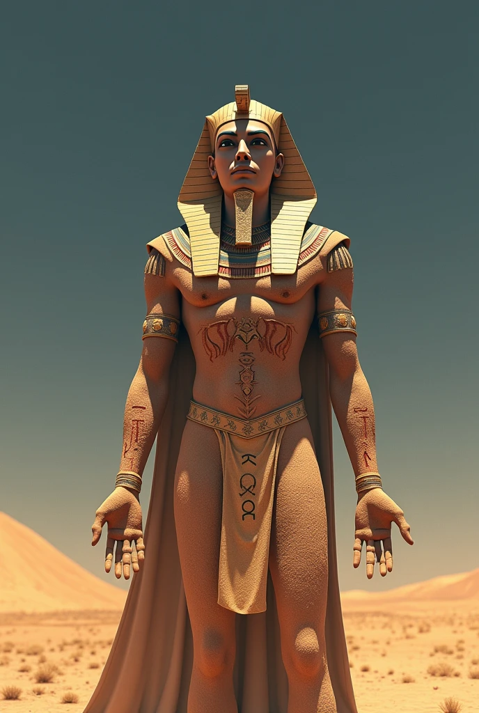 Create a Pharaoh , and the body with drawings using blood, your arms have to be made of sand