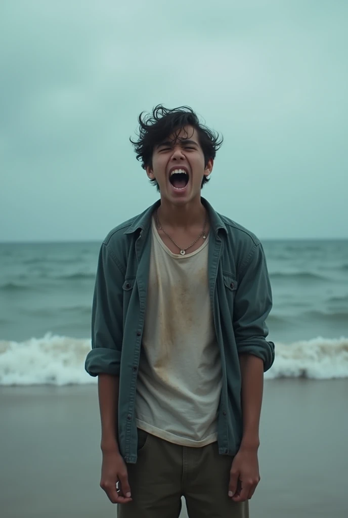 A 20 years old boy shoutly crying in bank of ocean with pain