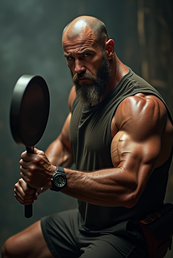 A rugged man holding a frying pan like a PUBG character, dramatic lighting, intense expression, cinematic perspective, high contrast, sharp details, action stance --ar 1:1 --s 150 --no text