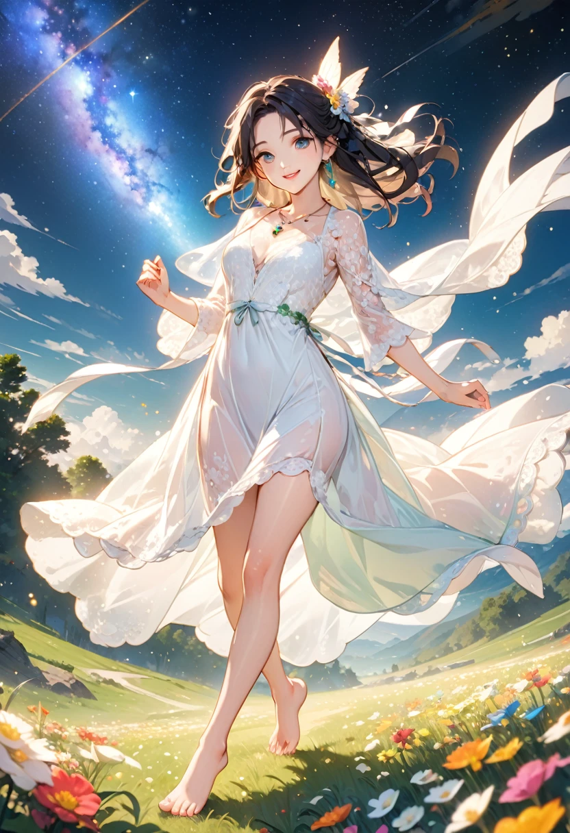 (masterpiece、Highest quality、8k、High resolution)、1 female、Beautiful eyes with slit length、Cute lips、Beautiful Nose、Brownish black hair、smile、(Best anime girl)、Green grassland with forest view、Walking,(Barefoot, flying, running, high, high),Colorful flowers blooming in the field,A bright night with the stars clearly visible、milky way、(Mysterious light particles from the whole body、Colorful light particles)、jewelry、necklace、White lace dress、(Beautiful full body style)、Highly detailed anime art、A complete portrayal、
