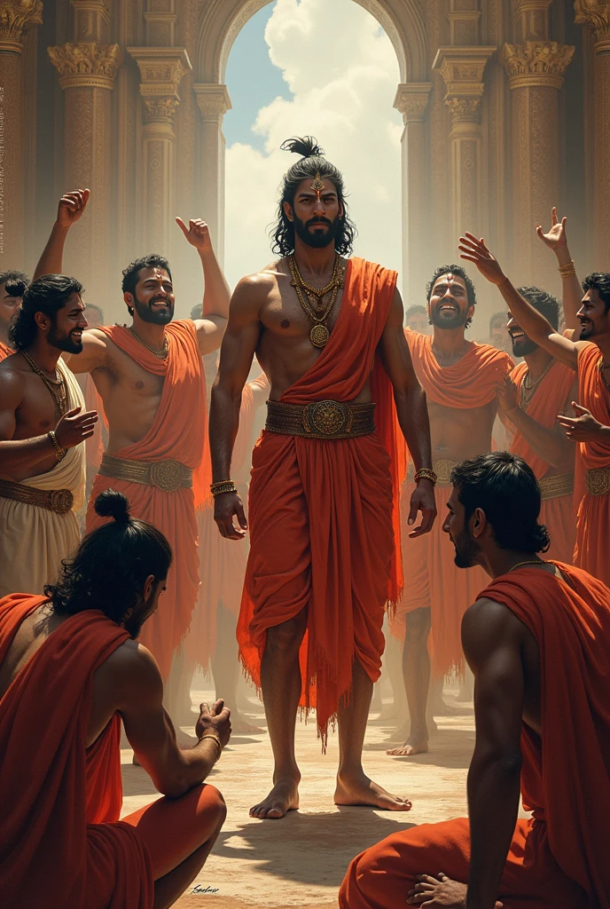 Arjun is in the foreground, with a confident smile, while his brothers cheer in the background. Shakuni is shown in a corner, with his head bowed, accepting defeat.