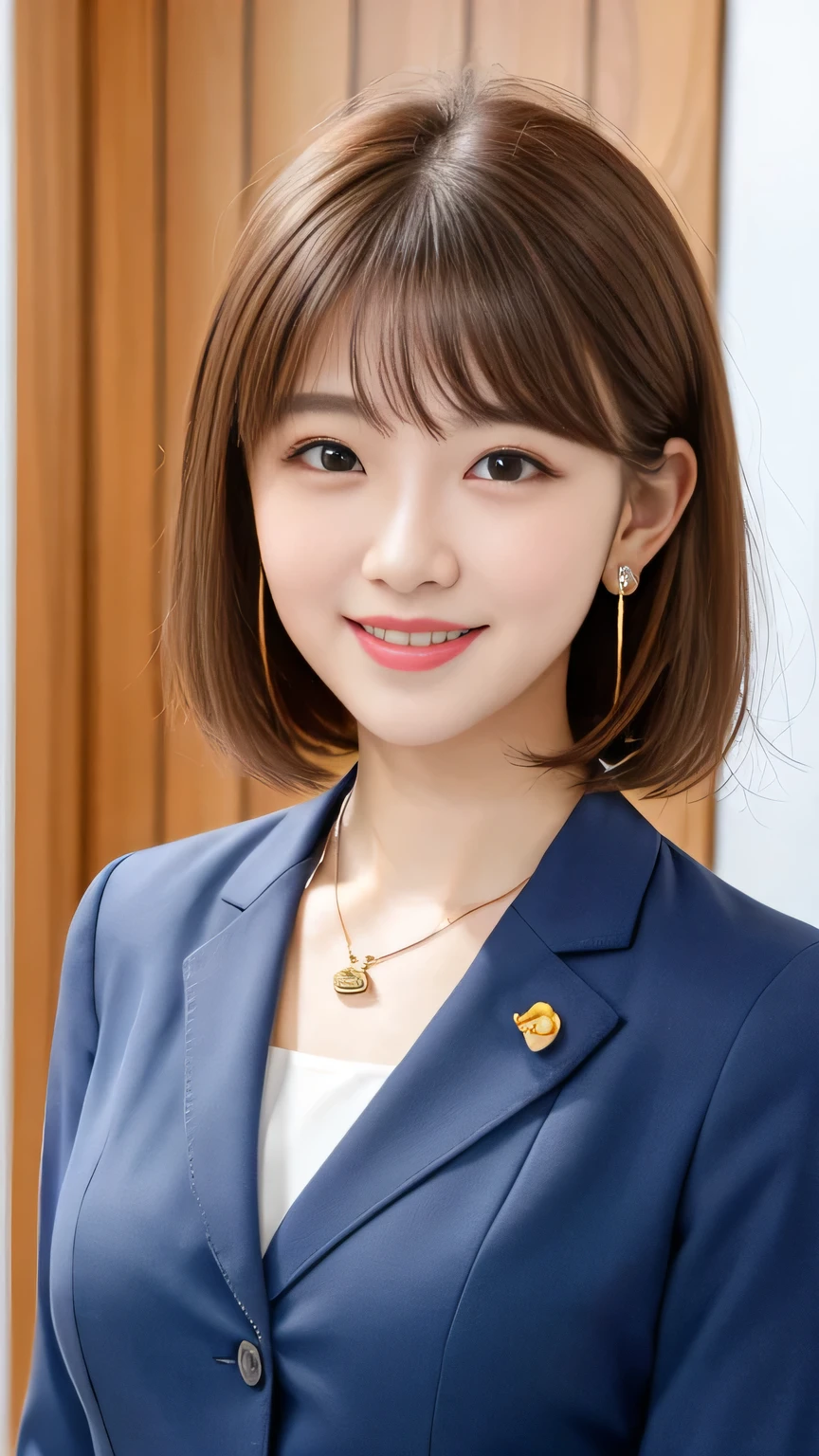 RAW Photos, High resolution, Very detailed, Intricate details, 、ear piercing、smile、short hair、Light brown hair、Open your mouth a little、Clear beauty,(High quality fabric, Office Lady Suits 、Necklace around the neck、, The background is the office
