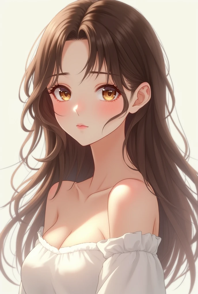 White woman, Brown hair, Brown eyes, hair with volume, soft pink makeup, ropa blanca an
Anime girl