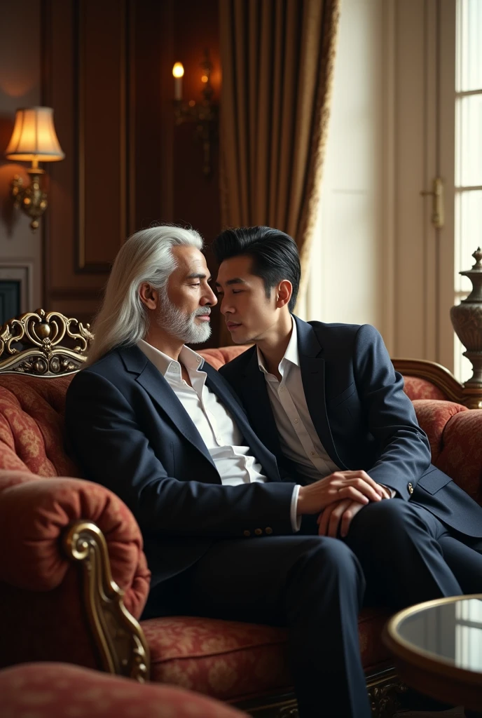 A handsome young man with long white hair, with a cigar in his bag, with her young husband, black haired korean, sitting in a room in a mansion,