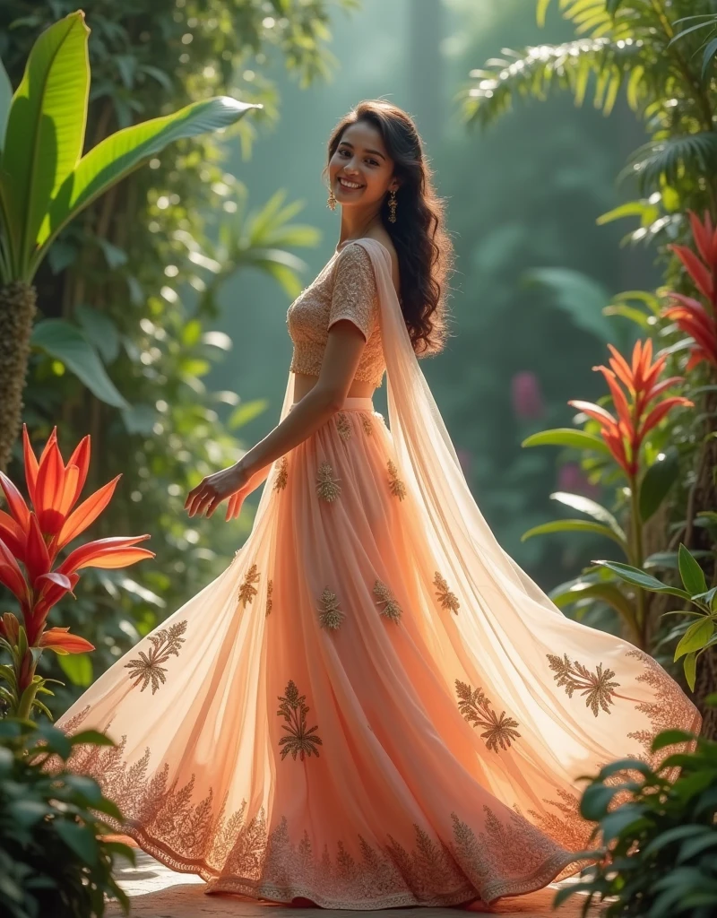 In a lush botanical garden, the model wears a light, pastel-colored lehenga choli adorned with delicate embroidery. She is surrounded by vibrant tropical flowers and greenery, her expression joyful and inviting as she gently twirls, allowing the fabric to flow beautifully.