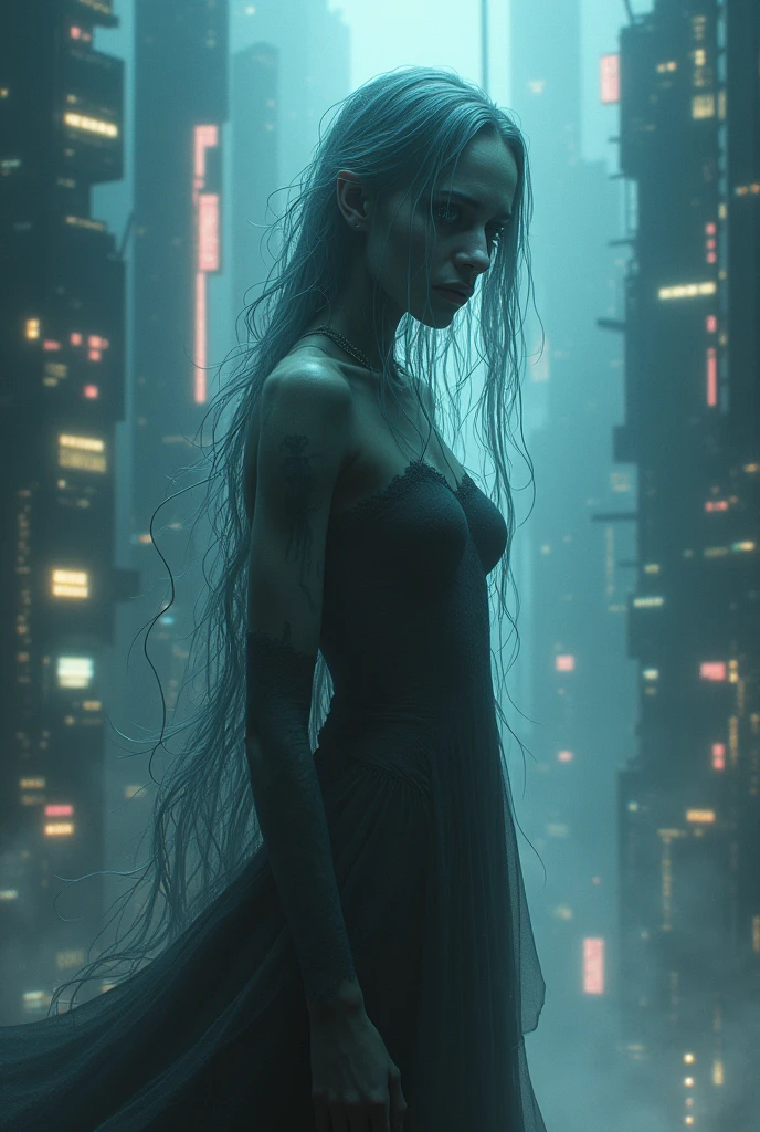 cyberpunk futuristic ghostly weeping woman figure , very hard . Create this depiction in a way that generates a lot of fear, with high visual and artistic quality as well.. ultra hyper magical gothic reality.That the person in the photo truly generates a lot of fear