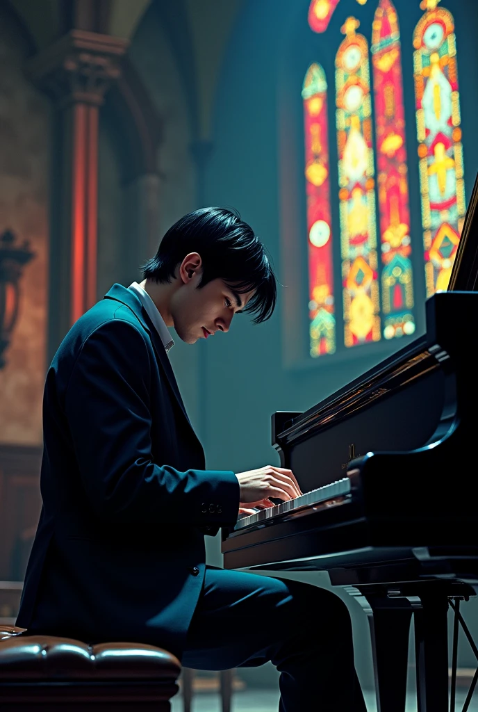 Dark-haired man with straight black hair playing piano in church. 8k,colors, Comic books,