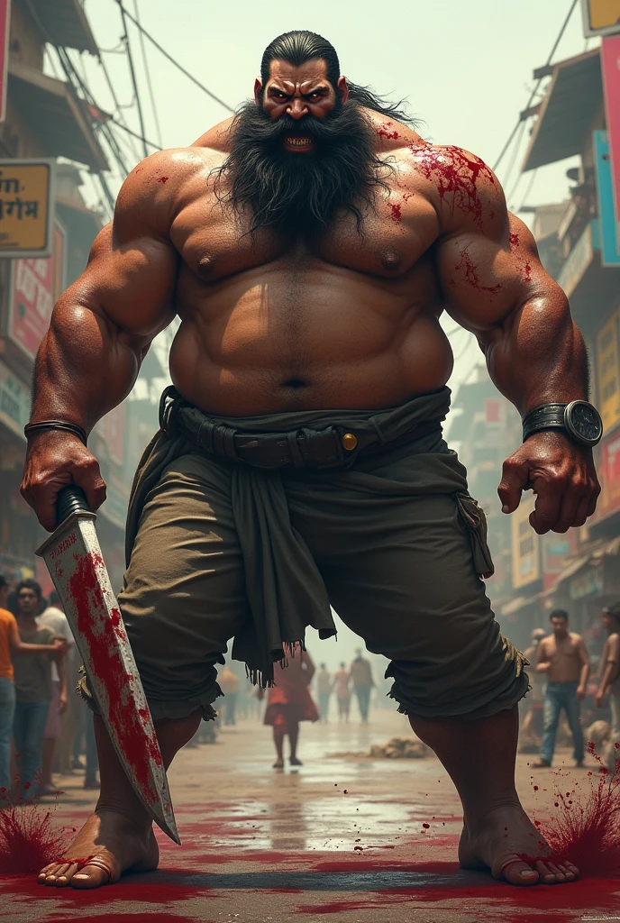 A gaint scary man with big beard and some blood on body and weapon on his hand on indian street