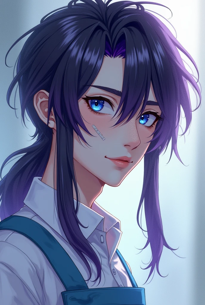 Generate in the rangrarii art style an attractive purple-haired man (mullet cut) with two long black locks, blue eyes, several freckles on her face, White skin, two bandages on his cheeks, a white shirt with a white shirt and a sky blue apron