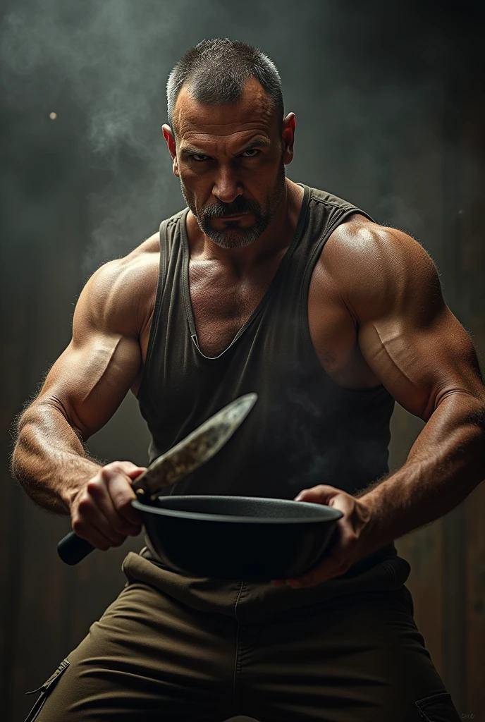 A rugged man holding a frying pan like a PUBG character, dramatic lighting, intense expression, cinematic perspective, high contrast, sharp details, action stance --ar 1:1 --s 150 --no text