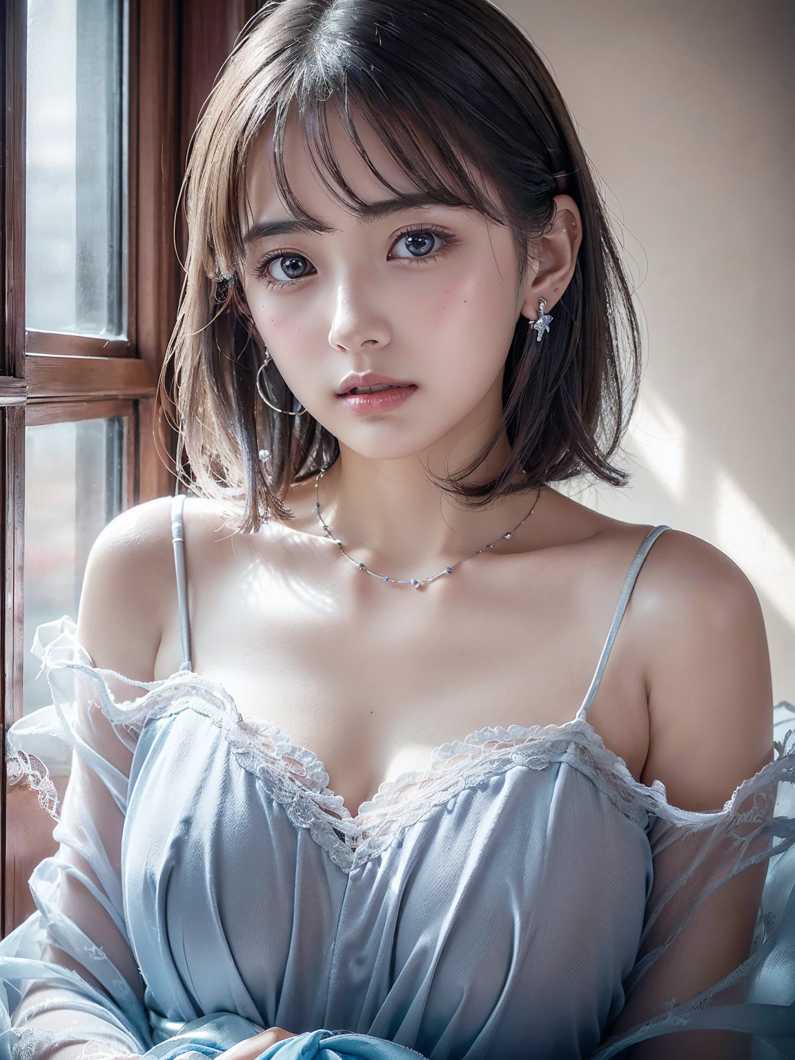 White camisole,Small breasts, (((とてもエレガントでbeautiful, Perfect detail, Very detailed))), whole body, The most detailed girl, Written boundary depth, 美しくdetailedなwhole body, Thin legs, 1 person, 30 years old, Very short hair, Spiked Hair, Gray and silver hair, beautiful detailed hair, Perfect Face, Expressionless, beautiful, detailed, Deep Eyes, Open your mouth a little, Delicate arms and hands, Pale skin, Earrings, beautiful and gorgeous necklace, Colorful background, HD background, Blurred Background, とても繊細でbeautiful, masterpiece, (((Highest quality, とてもbeautiful8K CG壁紙))), (((Medium Hair))), (Inside the room,Stylish white interior,window)、Glowing Skin、Shiny Hair、