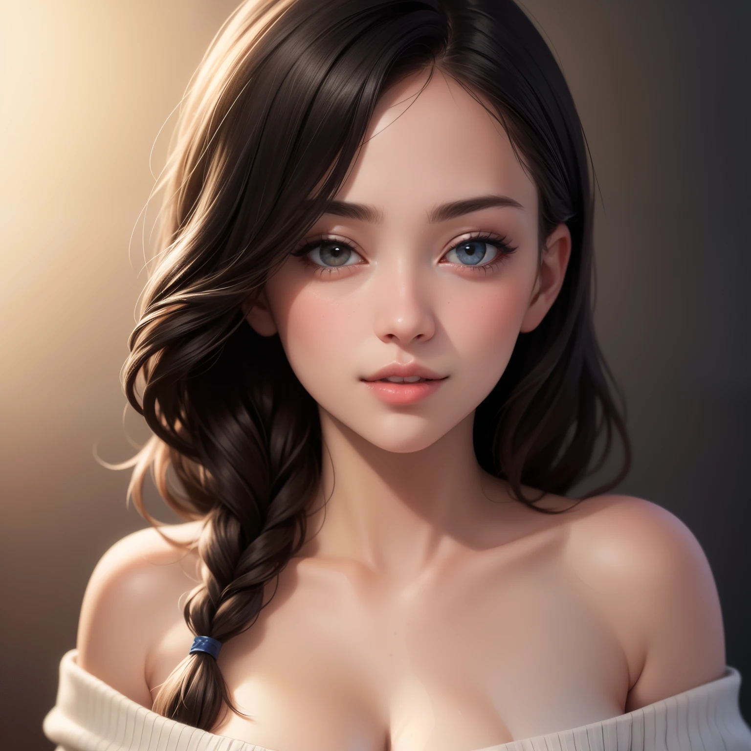 a beautiful woman with long black braided hair, seductive soft eyes, blushing hard, pink parted lips with a seductive smile, long neck and collarbone, medium chest and cleavage, wearing an off-shoulder t-shirt exposing her bare shoulders, (best quality,4k,8k,highres,masterpiece:1.2),ultra-detailed,(realistic,photorealistic,photo-realistic:1.37),intricate details,highly detailed face,extremely detailed eyes and face,longeyelashes,beautiful detailed lips,extremely detailed skin,cinematic lighting,warm color tones,chiaroscuro lighting,romantic,sensual,intimate,alluring,captivating