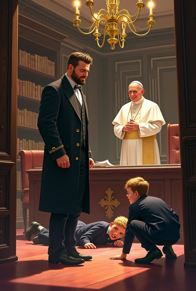In the illustrated scene, the setting is a richly detailed office, with dark wooden furniture and tall shelves lined with books. The room is decorated with traditional Catholic symbols, giving it a solemn and historical feel. The floor is polished wood, reflecting the warm light coming from an ornate chandelier hanging above.

At the center of the image, the young, white European Professor Petterson stands, dressed in his signature yellow polo shirt, white trousers, brown belt, and blue sneakers. His black hair, short and styled in a military cut, is slightly disheveled as he looks down at the two students, a mixture of worry and embarrassment on his face. His well-groomed goatee and the slight dark circles under his eyes add to the seriousness of his expression.

On the floor in front of Petterson, the two students, Kauan and Arthur, have just tumbled through the door. Kauan, the 1 blonde with bright green eyes, is sprawled awkwardly, one arm supporting himself as he tries to get up. His classic dark blue uniform with yellow-trimmed edges is slightly rumpled from the fall. Beside him, Arthur, with his spiky black hair and dark brown eyes, is also in a similarly disheveled state, his uniform mirroring Kauan's. Both boys are in mid-motion, their expressions a mix of shock and embarrassment.

Standing near the large desk, Pope Pio XIII is captured in a moment of genuine laughter. His figure, robed in white with a golden stole, contrasts with the dark, formal setting. His face is lit up with amusement, eyes twinkling as he watches the two boys scramble on the floor. The laughter lines on his face are clearly defined, emphasizing his warmth and humor.

The overall composition of the illustration draws the viewer's eye from the students on the floor, up to Petterson's concerned and embarrassed expression, and finally to the Pope's hearty laughter, creating a dynamic and engaging visual narrative. The richness of the setting, combined with the character expressi